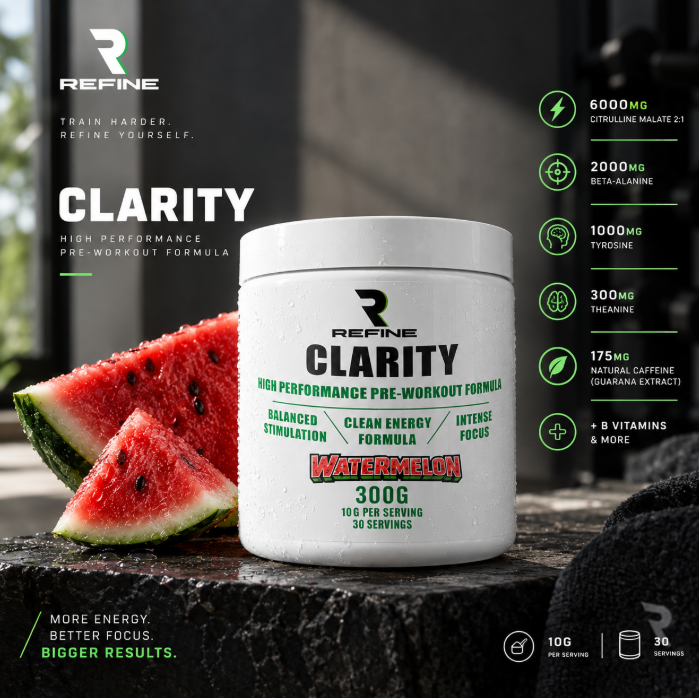 Refine Clarity pre-workout powder, watermelon, 300 g tub